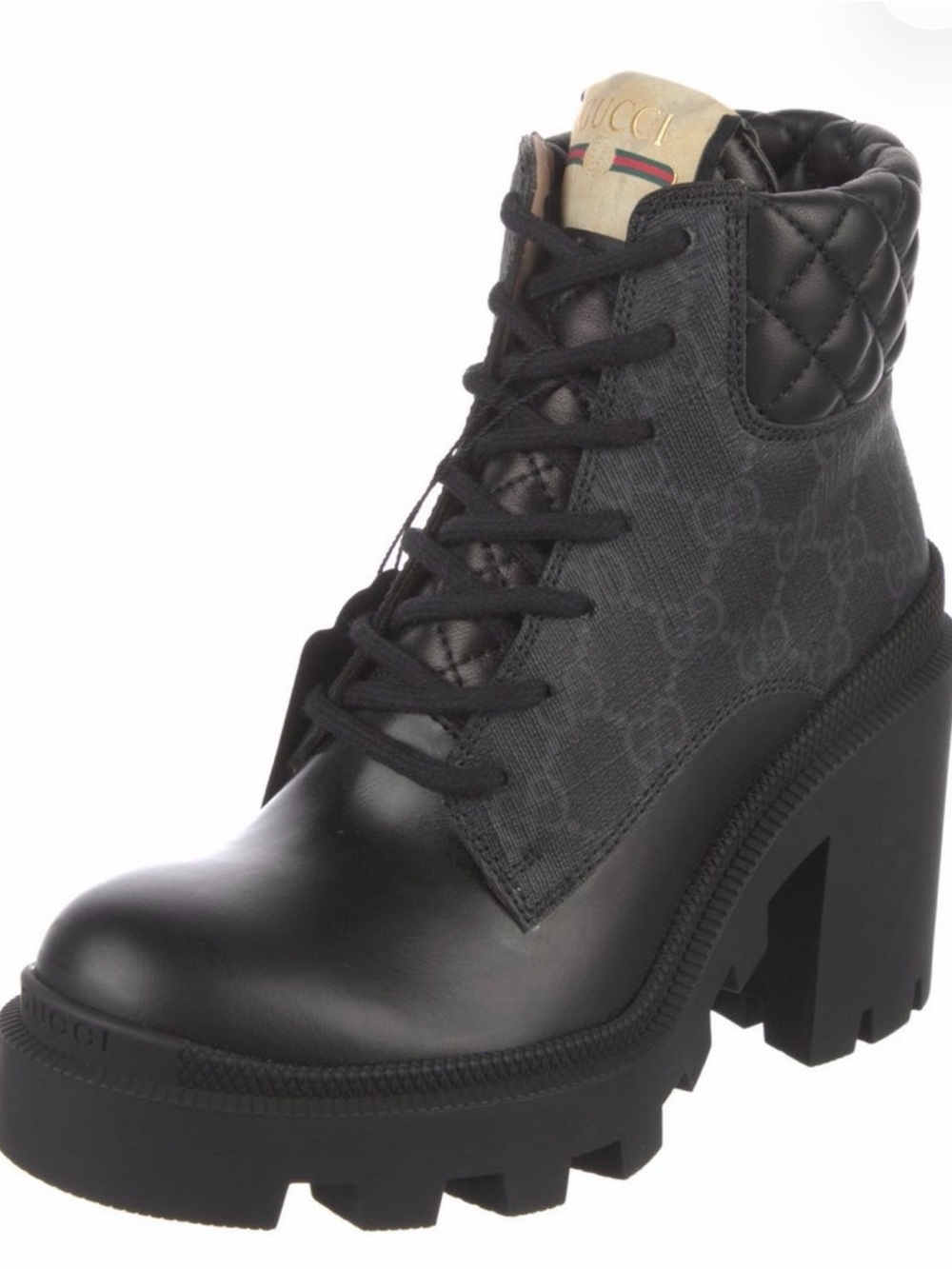 Gucci Black Quilted Leather & GG Canvas Lace-Up Platform Ankle Boots